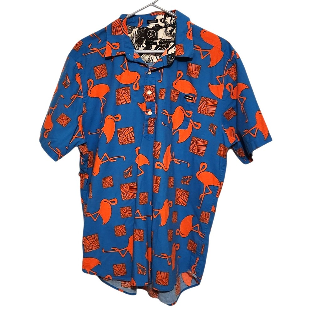 Volcom Pops Pullover Shirt Blue w/Red Flamingos Classic Fit Mens Size XL